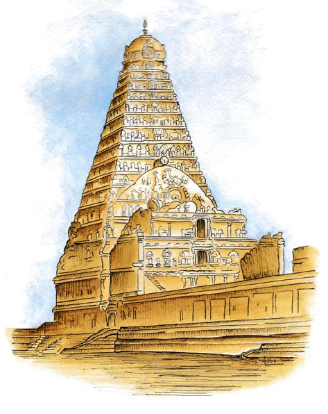 Thanjai Periya Kovil Drawings, Thanjai Periya Kovil, Thanjai Periya Kovil Wallpaper, Temple Photography, Kerala Mural Painting, Temple Architecture, Watercolour Illustration, Flower Diy, Flower Diy Crafts