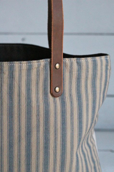 1950's-era-ticking-fabric-pocket-tote-bag---forestbound 5B4 Shopping Bag Pattern, Sea Bags, Ticking Fabric, Fabric Tote Bags, Handmade Tote, Fabric Tote, Related Images, Linen Bag, Tote Bag Pattern