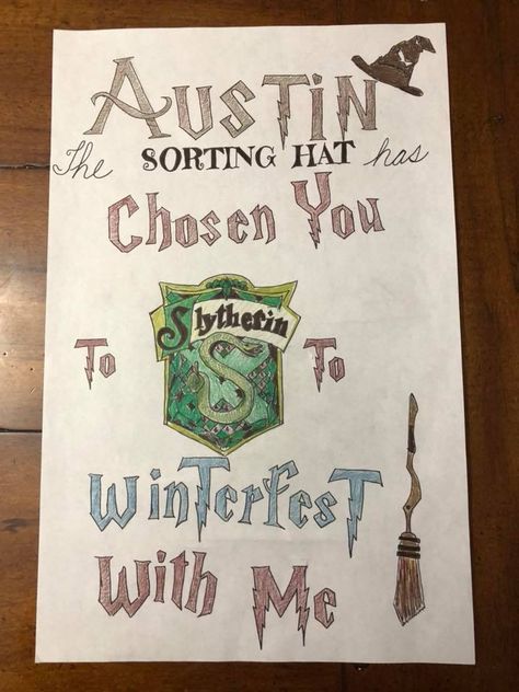 Harry Potter "Promposal". Winterfest, Homecoming, proposal. Slytherin, Sorting Hat. Harry Potter Promposal Ideas, Homecoming Proposal Ideas Harry Potter, Harry Potter Homecoming Proposal, Harry Potter Hoco Proposals, Winterfest Proposals, Harry Potter Promposal, Sadies Proposals, Harry Potter Proposal, Prom Proposal Ideas