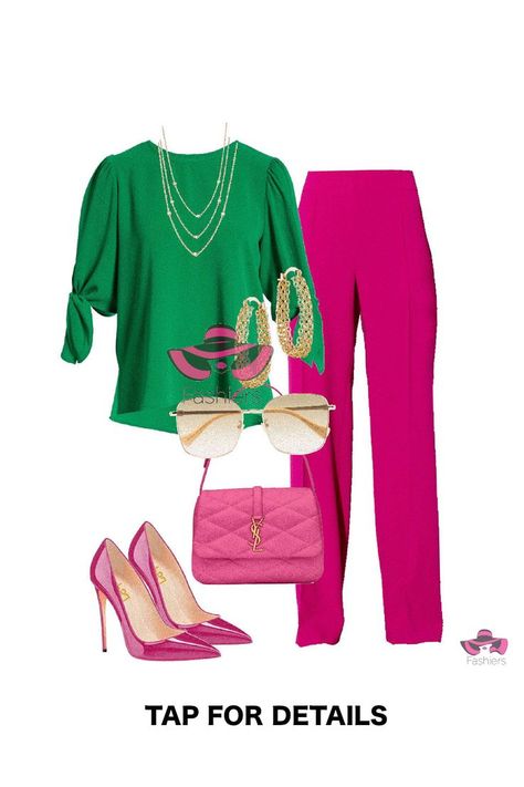 Vibrant colors look! pink pants green blouse styled with pink pumps and pink bag and gold jewelry! Outfit created with Fashiers app! visit fashiers.com! #cuteclothes #skirtoutfit #springoutfit #womenfashionstyle #midiskirt #nyfashion Green And Pink Outfits For Women, Pink And Green Outfits For Women, Gold Jewelry Outfit, Forest Green Pants, Green Outfits For Women, Pink Skirt Outfits, Thesis Ideas, Pink Wardrobe, Disney Princess Outfits