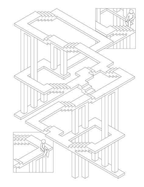 29 … stairs don't care neither. They lead you up, then one walks to descend down, and no matter how high one climbs, no matter how low one descends, one is always at the same plane, at the same level. Though … Infinite Stairs, Penrose Stairs, How To Draw Stairs, Architectural Representation, Visual Communication Design, Visual Illusion, Concept Ideas, Concept Diagram, Perspective Drawing