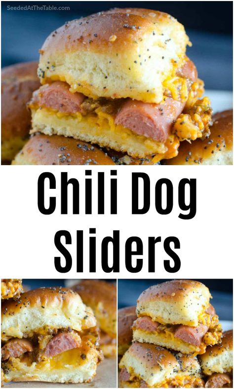 These baked chili dog sliders are simply hot dogs sandwiched into pull-apart rolls with melted cheese and chili sauce. An easy dinner idea for your family OR the ultimate party food! Michigan Sauce Recipe, Michigan Sauce, Chili Dog Bake, Hot Dog Appetizers, Chili Cheese Hot Dog, Baked Chili, Sliders Easy, Cheesy Chili, Hawaiian Roll Sliders