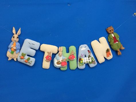 Felt Peter Rabbit, Felt Name Garland, Peter Rabbit Theme, Rabbit Theme, Abc Crafts, Name Garland, Peter Rabbit Nursery, Name Bunting, Rabbit Nursery