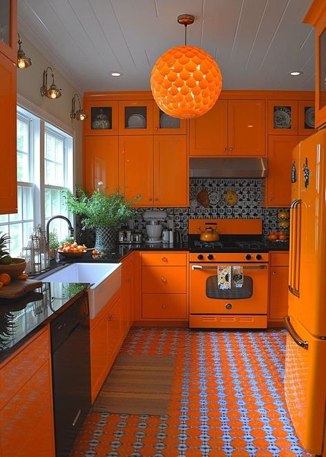 The Home Decor and Garden DIY Masters | 🧡🧡 | Facebook 70s Kitchen Aesthetic, Pink Sofa Living Room, Orange Ideas, Colorful Kitchen Ideas, Kitchen Color Trends, Eclectic Kitchen Decor, Black Kitchen Design, 70s Kitchen, Aesthetic Apartment