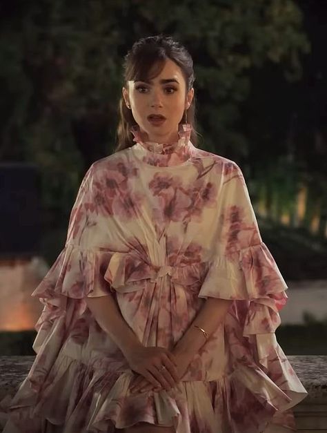 Emily In Paris Season 3, Huge Butterfly, Emily In Paris Lily Collins, Emily In Paris Fashion, Emily In Paris Outfits, Patchwork Crop Top, Paris Inspired, Floral Ruffle Dress, Zebra Stripes