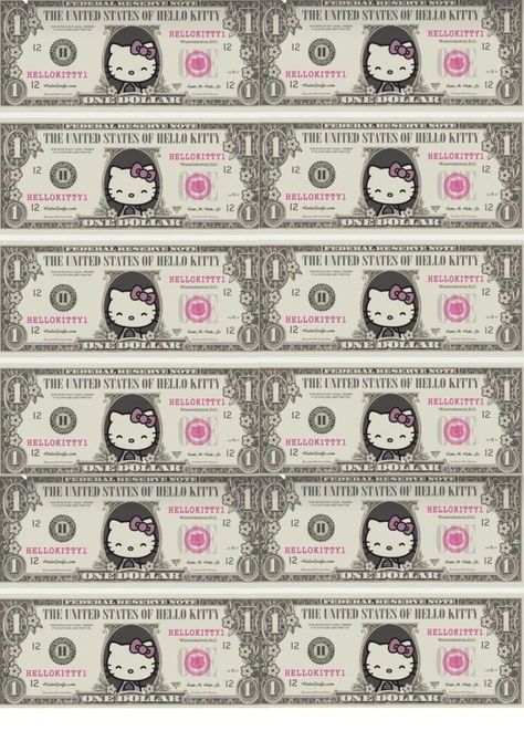 Hello Kitty Dollar Bill, Things To Print Out When Bored, Stuff To Print Out, Hello Kitty Money, Hello Kitty Invitation Card, Hello Kitty Birthday Theme, Hello Kitty Print, Hello Kitty Decorations, Money Stickers