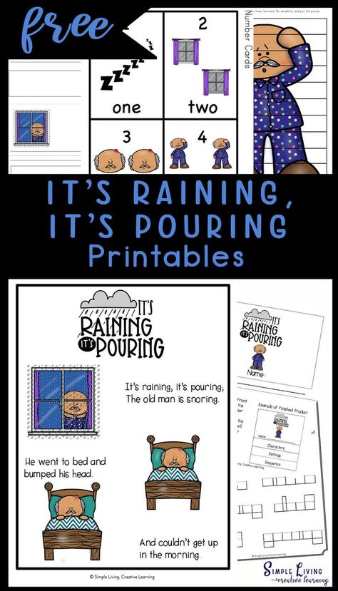 It’s Raining, It’s Pouring Printables Its Raining Its Pouring, April Preschool, Kindergarten Music, Its Raining, Character And Setting, Abc 123, Rhyming Words, Creative Learning, It's Raining