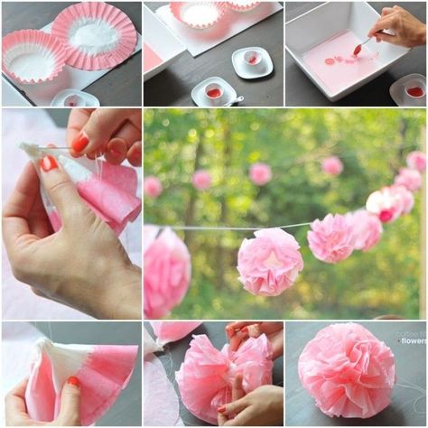 DIY Coffee Filter Flowers Coffee Filters Diy, Coffee Filter Garland, Coffee Filter Flowers Diy, Diy Crafts For Teen Girls, Ribbon Flower Tutorial, Coffee Filter Flowers, Fabric Flower Tutorial, Flower Garland, Coffee Filters