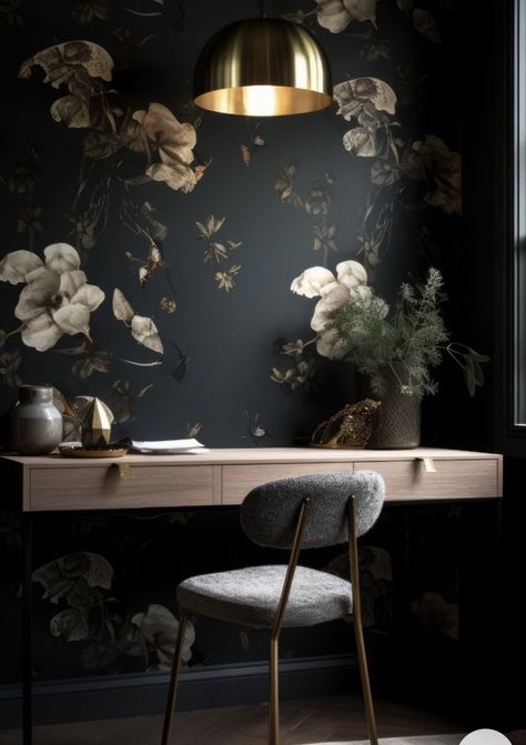 Clawfoot Tub Ideas, Office Feature Wall, Dark Floral Wallpaper, Clawfoot Tubs, Home Office Layouts, Floral Wallpaper Bedroom, White Wall Bedroom, Premium Wallpaper, Moody Decor