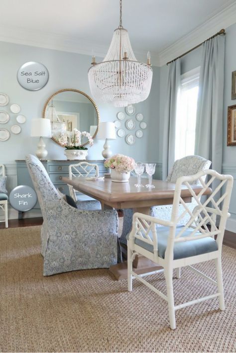 Create a serene and calming environment with these tried and true paint colors. Follow along on this home tour, that includes this french country dining room, where you can see where and how each one it used. #hometour #serenecolors #coastalcolors #paintcolors #porchdaydreamer Modern French Country Dining Room, Best Blue Paint Colors, French Country Dining Room, Dining Room Paint, Dining Room Blue, French Country Bedrooms, Country Dining Rooms, French Country Dining, Country Dining