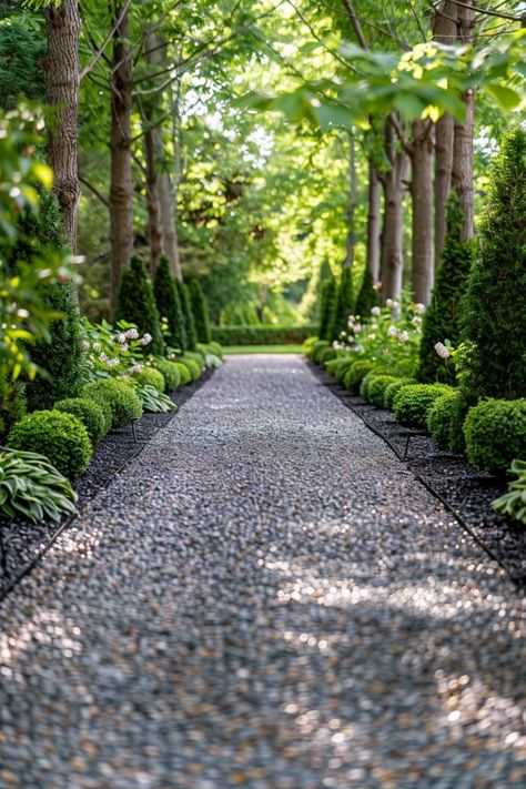 Tree Lined Driveway Ideas to Elevate Your Home Drive Around Driveway, Decorative Driveway Ideas, Trees Along Driveway, Driveway With Trees, Pea Gravel Pathway, Driveway Hedge, Long Driveway Landscaping, Gated Driveway, Acreage Landscaping