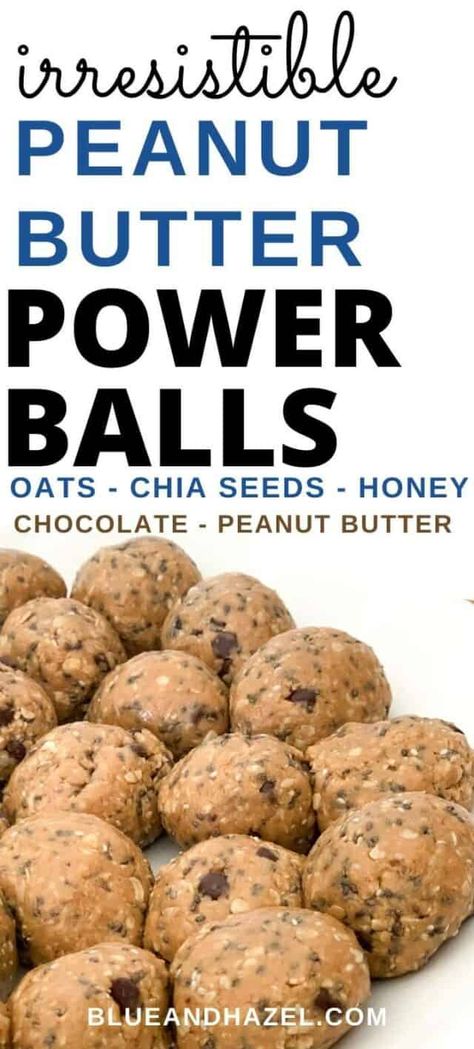 These peanut butter power ball energy bites are delicious and kid approved! Mix up in 5 minutes for an easy on the go snack or pack them in lunches! It's a healthy snack for kids and adults. #powerballs #peanutbutterrecipes #kidsnacks #homemade #proteinsnacks #glutenfree #blueandhazel Peanut Butter Protein Bites Power Balls, Homemade Protein Bites, Peanut Butter Chia Seed Balls, Peanut Butter Power Balls Energy Bites, Kid Friendly Energy Balls, Power Balls Recipe Energy Bites, Power Bites Energy Balls, Power Balls Recipe Healthy, Oat Peanut Butter Balls