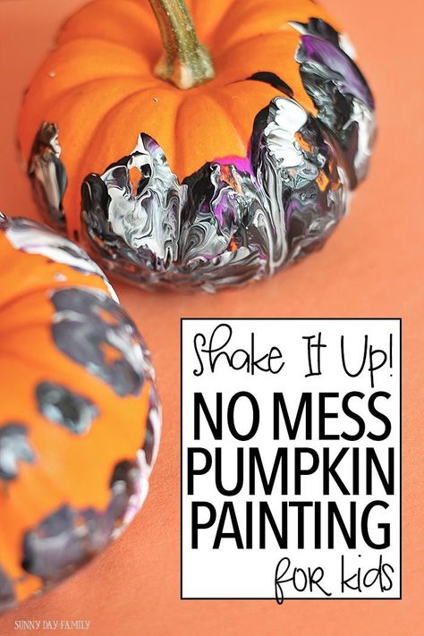 A fun no mess pumpkin painting activity for kids - perfect for Halloween! Get kids moving with this easy Halloween craft - perfect for kids of all ages. Even toddlers and preschoolers can make these gorgeous painted pumpkins (and it's fun for adults too!) Pumpkin Painting For Kids, Kids Pumpkin Painting, Pumpkin Painting Ideas For Kids, Pumpkin Shake, Shake It Up, Painting Ideas For Kids, Painting Pumpkin, Pumpkin Painting Ideas, Halloween Activity