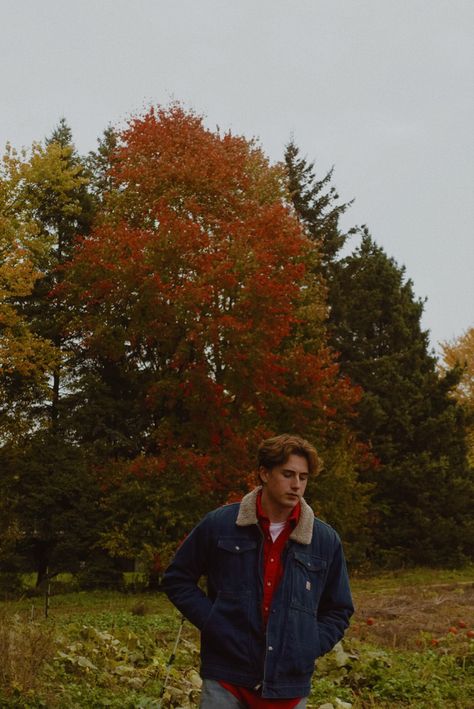 jean jacket, autumn trees, pumkin patch Fall Season Outfits Men, Autumn Men Photoshoot, Mens Fall Photoshoot, Men’s Fall Outfits Photoshoot, Mens Fall Aesthetic, Fall Senior Boy Picture Ideas, Men’s Fall Photoshoot, Fall Senior Pictures Men, Fall Photoshoot Men