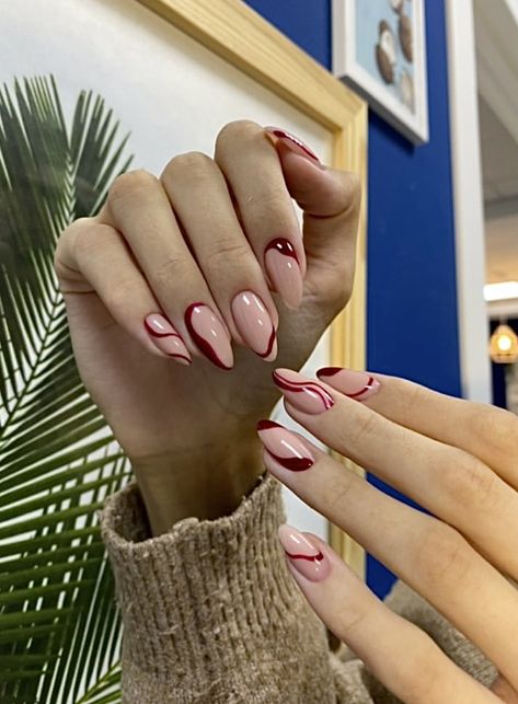 Beige Red Nails, Red Beige Nails, Beige And Red Nails, Red And Beige Nails, Nails With Red Heart, Nails With Red, Plaid Nail Art, Velvet Nails, Maroon Nails