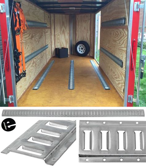 E-track provides tie-down points for securing cargo in your trailer, truck, or van with use of E-track straps and anchors. Dirtbike Ideas, Motorcycle Van, Trailer Modifications, Moto Trailer, Enclosed Motorcycle Trailer, Motorbike Trailer, Racing Trailer, Motorcycle Cargo Trailer, Moto Van