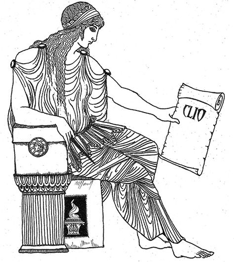 •	Clio  - the “Proclaimer” is the muse of History and Oral Tradition and is often seen sitting with a scroll and accompanied by a chest of books. She has been credited with introducing the Phoenician alphabet into Greece. Art by Katlyn Clio Muse Tattoo, Calliope Muse Tattoo, Clio Muse Of History, Clio Muse, Ancient Greece For Kids, Phoenician Alphabet, Humanities And Social Sciences, Gothic Statue, History Tattoos