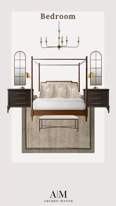 Mirrors Behind Bedside Tables, Mirrors Behind Nightstand Ideas, Mirrors In Living Room Ideas, Mirror Behind Nightstand, Area Rug Size Guide, Bed Dark, Bedroom Ottoman, Bedroom Chandelier, Bedroom Vibes