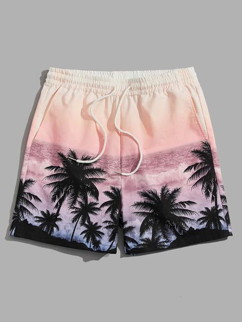 Multicolor Vacation   Polyester Tropical Straight Leg Embellished Non-Stretch Summer Men Bottoms Printed Shorts Men, Beach Shorts Outfit, Beach Shorts Men, Espn Body, Ideal Male Body, Painted Shorts, Shein Men, Mens Shorts Outfits, Drawstring Waist Shorts