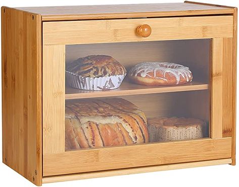 Amazon.com - HOSEN Extra Large Bread Box ，Bamboo Bread Boxes with Clear Window，Bread Storage Bin,Bread Box For Kitchen Countertop,Farmhouse Style Bread Holder (16×6.7×12”) - Kitchen Counter Storage, Bread Holder, Farmhouse Bread, Wooden Bread Box, Countertop Shelf, Bread Container, Storage Bins Organization, Bread Storage, Bread Bin