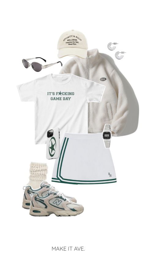 sporty chic, whiteout gameday outfit, green and white outfit, msu, Michigan state, Tulane, new balances, tennis skirt, baby tee, silver, sunglasses, jacket, watch, phone case, baseball hat White Hat Outfit, Green And White Outfit, Trendy Outfits Inspiration, New Balances, Tennis Outfit, Silver Sunglasses, Evil Eyes, White Hat, Gameday Outfit