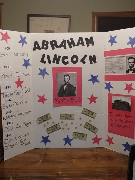 Abraham Lincoln Poster Board Projects, George Washington Poster Board Project, Wax Museum School Project, Abraham Lincoln For Kids, History Fair Projects, Tri Fold Poster Board, Tri Fold Poster, State Project, Obama Poster