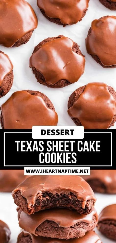 Grab your boxed cake mix, eggs, and butter, make a batch of 24 fudgy Texas sheet cake cookies, and add a delicious Texas sheet cake frosting on top! Texas Sheet Cake Frosting, Sheet Cake Frosting, Cookie Monster Brownies, Chocolate Chips Cookies Recipe, Cake And Brownie, Sheet Cake Cookies, Cookie Recipes Christmas, Strawberry Sheet Cakes, I Heart Naptime Recipes