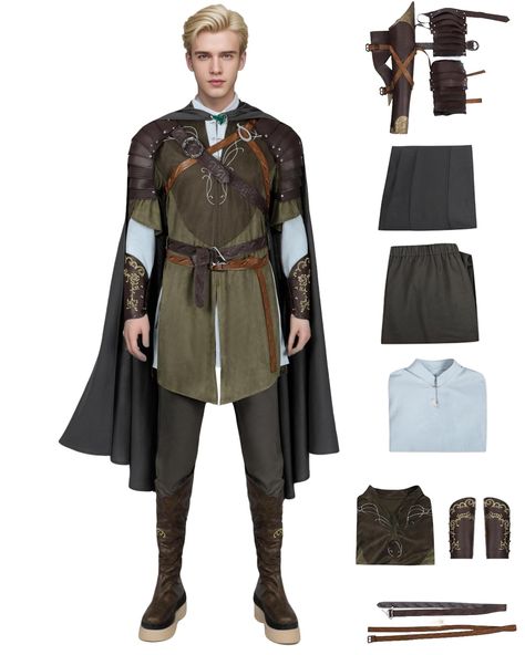 PRICES MAY VARY. 9PCS Top Set: 1*cloak + 1*belt + 1*sleeves + 1*arrow quiver + 1*shoulder armour + 1*top + 1*pants + 1*shirt + 1*cloak pin Prince of The Elves Deluxe Costume: Unlike the simple costumes on the market, our Legolas costume is handmade and refined, 1:1 restoration of character details, deluxe design and materials, guaranteed to make you the best elf prince in the scene! Handmade Refined with Quality Materials: The materials used are exquisite to ensure that the cape is wide and flow Male Woodland Elf Costume, Man Elf Costume, Legolas Outfit, Elf Outfit Male, Elves Outfit, Mens Elf Costume, Suit With Accessories, Wood Elf Costume, Legolas Costume