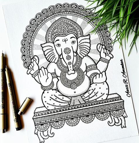 Ganpati Mandala Art, Ganpati Mandala, Ganesha Drawing, Sketches Doodles, Rangoli Side Designs, Easy Mandala Drawing, Art Sketches Doodles, Simple Mandala, Madhubani Painting