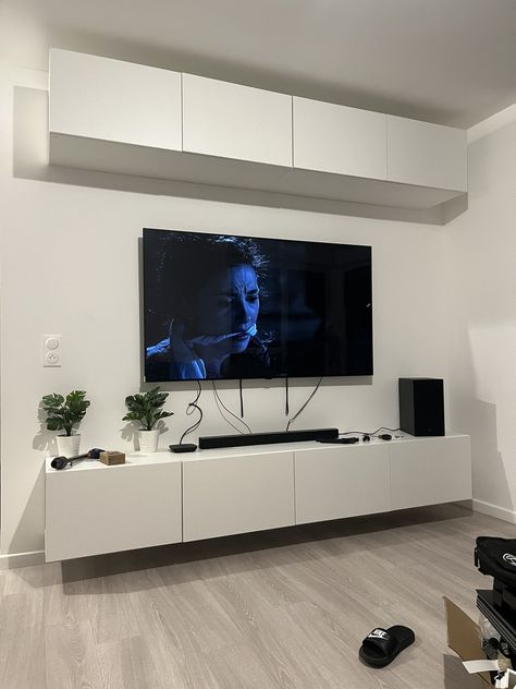 Tv On Wall With Shelf Underneath, Modern Apartment Living Room, Tv Lift, Colourful Living Room Decor, Tv Wand, Luxury Room Bedroom, Iptv Subscription, Classy Bedroom, Living Room Setup