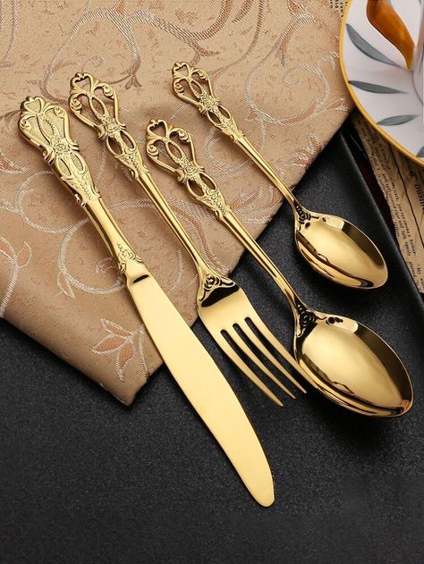 Luxury Cutlery, Flatware Design, Unique Knife, Gold Cutlery Set, Gold Cutlery, Spoon Knife, Vintage Cutlery, Luxury Dinnerware, Fork Set