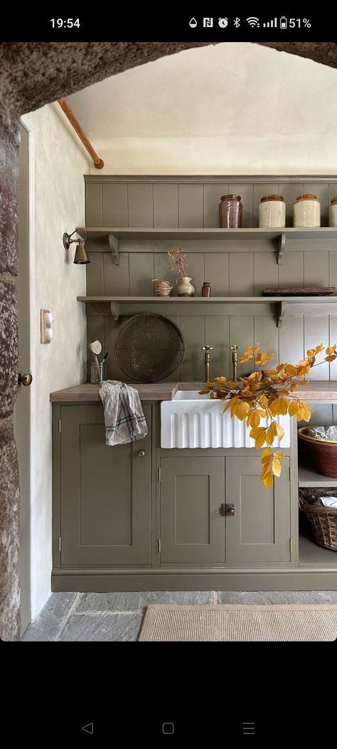 Cotswold Cottage Interior Kitchen Designs, Rustic Utility Room, French Cottage Kitchens, Kitchen With Wallpaper, Green Mudroom, Cotswold Cottage Interior, Utility Room Designs, Barn Kitchen, Victorian Kitchen