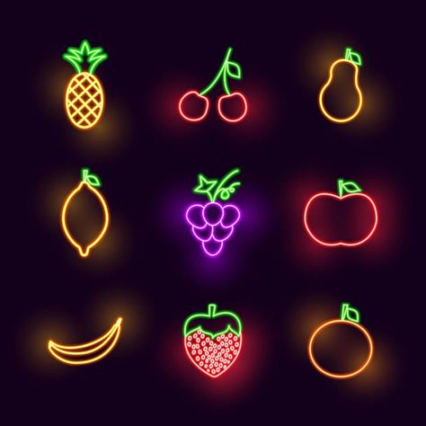 Neon Fruit Painting, Fruit Neon Sign, Party Apartment, Neon Fruit, Fruit Icons, Fruits Drawing, Led Wall Art, Blueberry Fruit, Neon Painting