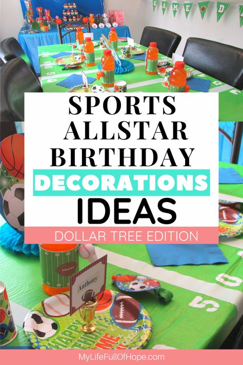 Sports All Star Dollar Tree Birthday Party Theme | Dollar Tree Edition All Sports Birthday Party Decorations, Sports Birthday Party Food Ideas, Sports Birthday Decorations, Sports Birthday Party Favors, Kids Sports Birthday Party, All Star Birthday Party, Tree Birthday Party, Sports Party Decor, Dollar Tree Birthday