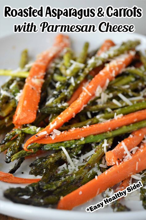 This Roasted Asparagus and Carrots with Parmesan Cheese recipe is so quick and easy to make! It comes together with just a few simple ingredients: asparagus, carrots, olive oil, Parmesan cheese, salt and pepper. This simple vegetarian side dish pairs well with just about any entree you are serving! Asparagus Carrots Recipes, Carrots Asparagus Roasted, Roasted Carrots And Asparagus Recipes, Roasted Carrots And Asparagus, Roasted Asparagus Recipes, Carrots And Asparagus, Asparagus Carrots, Vegetarian Side Dish Recipes, Asparagus Side Dish