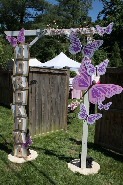 Debut Butterfly Theme Ideas, Butterfly Backdrop Ideas Photo Booths, Butterfly Garden Prom Theme, Blue Butterfly Decor, Butterfly Garden Party Decorations, Butterfly Event Decor, Big Butterfly Decorations, Butterfly Themed Birthday Party Backdrop, Butterfly Themed Birthday Party Decoration