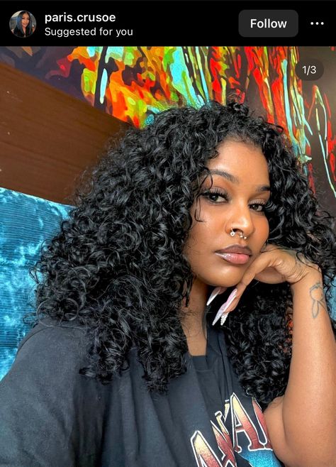 Jet Black Curly Hair Black Women, Curly Sew In Weave With Leave Out Side Part, Curly See In, Flower In Hair Black Women, Middle Part Curly Sew In, Flip Over Method Sew In Curly, Beach Curls Black Women, Natural Curly Hair Black Women, Jet Black Natural Hair