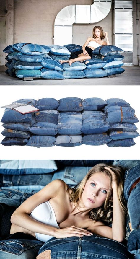 Kare Design’s sofa is made entirely from recycled denim cushions.  For making this denim sofa, various denim cushions are stacked collectively using a premium stainless steel frame. Sofa Renovation Ideas, Denim Cushions, Denim Sofa, Denim Furniture, German Furniture, Cardboard Chair, Denim Decor, Recycle Jeans, Upcycled Home Decor