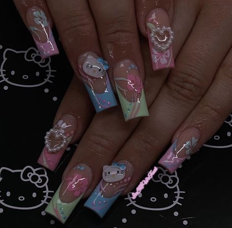 Hello Kitty Hibiscus Nails, Hello Kitty Acrylic Nails, Boujie Nails, Y2k Nail Art, Charm Nails, Y2k Nail, Hello Kitty Nail, Kitty Nail, Kitty Nails