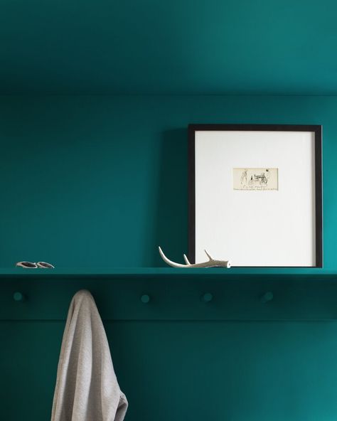 A handsome hue that reveals depths of emerald and sapphire. Benjamin Moore Teal, Quaint House, Farmhouse Reno, Teal Paint Colors, Moody Bathroom, Bavarian Forest, Teal Paint, House Color Palettes, Wood Stain Colors