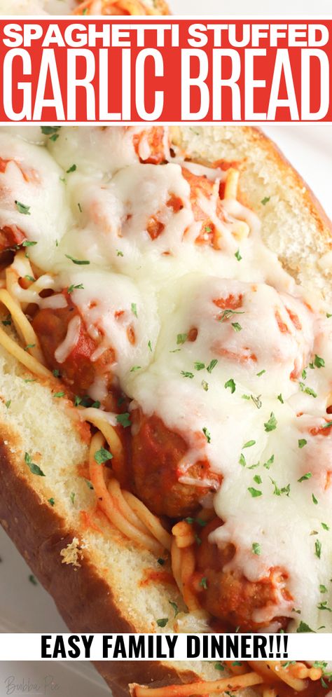 Spaghetti Stuffed Garlic Bread, Spagetti And Meatball Recipe, Marinara Meatballs, Spaghetti Sandwich, Easy Corn Pudding, Spaghetti Bread, Meatballs And Cheese, Spaghetti Marinara, Stuffed Garlic Bread