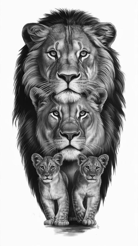 Two Lion Cubs Tattoo Design, Realism Lioness Tattoo, Lion Lioness And 2 Cubs Tattoo, Tiger Family Drawing, Tiger And Flower Tattoo Half Sleeves, Lion And Lioness Tattoo Design, Lion Tattoo Stencil For Men, Lion Lioness And Cub Tattoo, Bear And Lion Tattoo