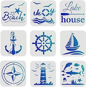 FINGERINSPIRE 9 Pcs Compass Anchor Stencil 6x6 inch Plastic Nautical Theme Painting Stencil Sea Life Stencil Beach Sailboat Lighthouse Fish Stencils Reusable Stencils for Painting on Wood, Floor, Wall Compass Stencil, Wood Floor Wall, Anchor Stencil, Nautical Stencils, Fish Stencil, Compass Drawing, Theme Painting, Make Your Own Sign, Stencils For Painting