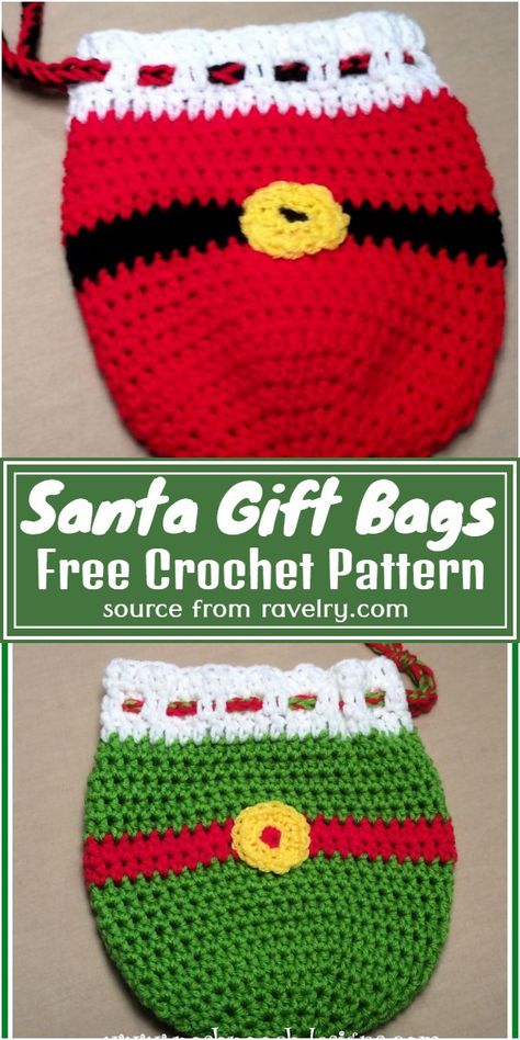 Free Crochet Santa Gift Bags Pattern #freecrochetpattern #crochetbag #freecrochetchristmasbag #freecrochetchristmasbagpattern Santa Gift Bags, Christmas Ornament Favors, Crochet Pot, Elves Gift, Crocheted Christmas, Crochet Charts, Crocheted Bags, Crochet Christmas Gifts, Pretty Crochet