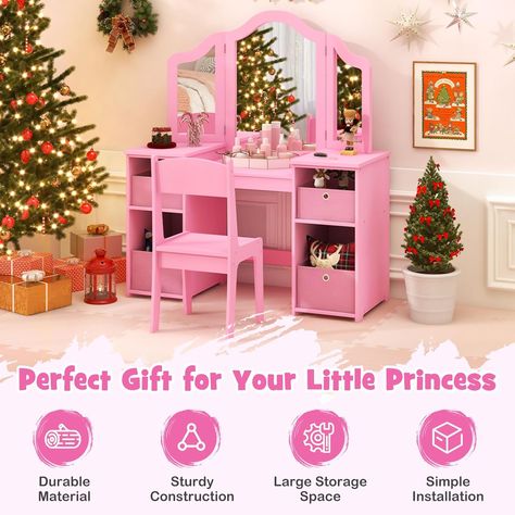 COSTWAY Kids Vanity Set, Children Dressing Table with Stool, Tri-Folding Detachable Mirror, 4 Storage Bins, Girls Makeup Tables for Playroom Bedroom (Pink) Kids Vanity Set, Kids Dressing Table, Girls Vanity, Play Makeup, Pink Vanity, Makeup Vanity Set, Makeup Dressing Table, Dressing Table With Chair, Vanity Table Set