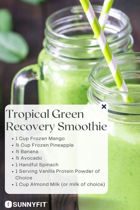 Tropical green recovery smoothie recipe with mango, pineapple, banana, avocado, spinach, vanilla protein powder, and milk of choice. Visit our blog for the full recipe! Workout Recovery Smoothie, Green Powder Smoothie, Workout Recovery Drink, Recovery Smoothie, Tropical Green Smoothie, Protein Powder Smoothie, Nutrient Dense Smoothie, Post Workout Smoothie, Protein Smoothie Recipes