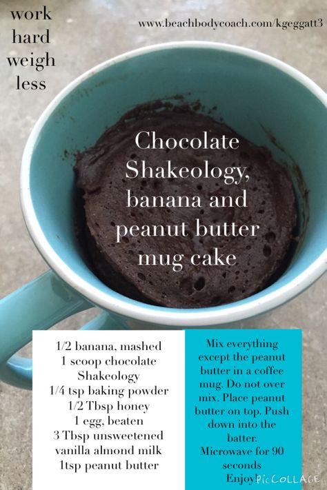 This is a great dessert option or snack or breakfast… You get my point ;) It is simple to throw together and it is so healthy! My kids can’t stop thanking me for letting them have &#82… Shakeology Desserts, Shakeology Mug Cake, Chocolate Shakeology Recipes, Peanut Butter Mug Cake, 21 Day Fix Desserts, Banana Mug Cake, Banana And Peanut Butter, Peanut Butter Mug Cakes, Chocolate Shakeology