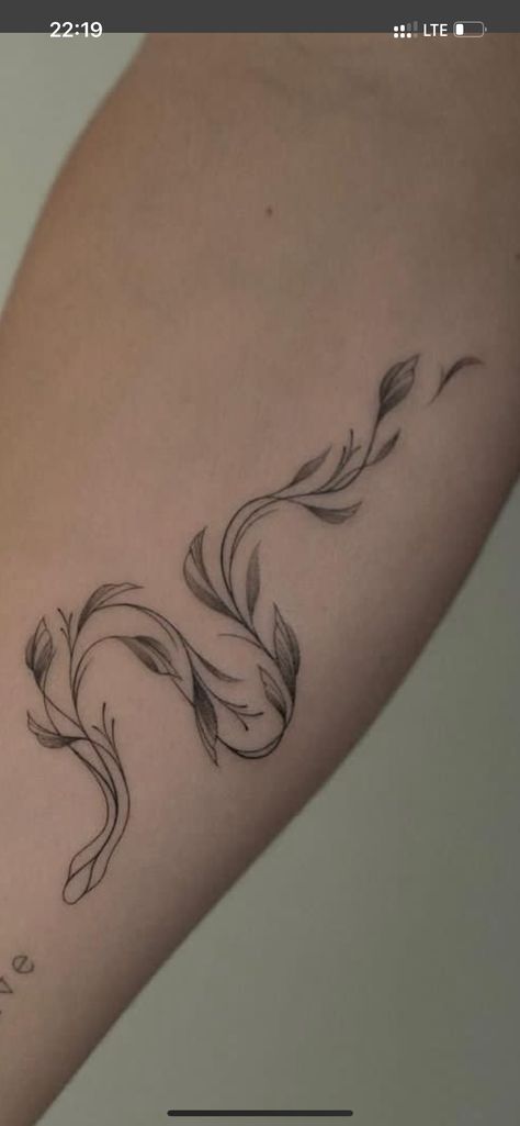 Sister Snake Tattoos, Snake With Flowers Tattoo Simple, Small Fine Line Snake Tattoo, Snake In The Grass Tattoo, Whimsical Snake Tattoo, Mid Spine Tattoos For Women, Snake Vine Tattoo, Snake Arm Band Tattoo, Back To Shoulder Tattoo