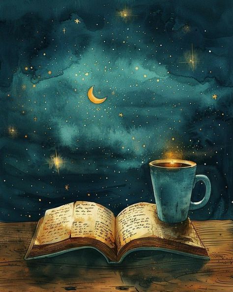 Reading Under The Stars, A Sky Full Of Stars, Spring Night, Night Reading, Spring Evening, Cup Of Milk, Sky Full Of Stars, Solid Wood Desk, Good Night Greetings