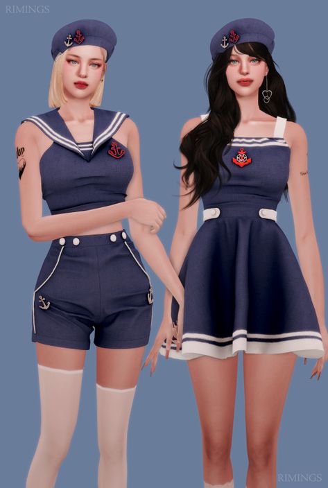 (99+) RIMINGS on Tumblr Marine Style Outfit, Normal Map, Sailor Hat, Sims 1, Sailor Dress, One Piece Outfit, Sims Cc, Sims 4, Full Body